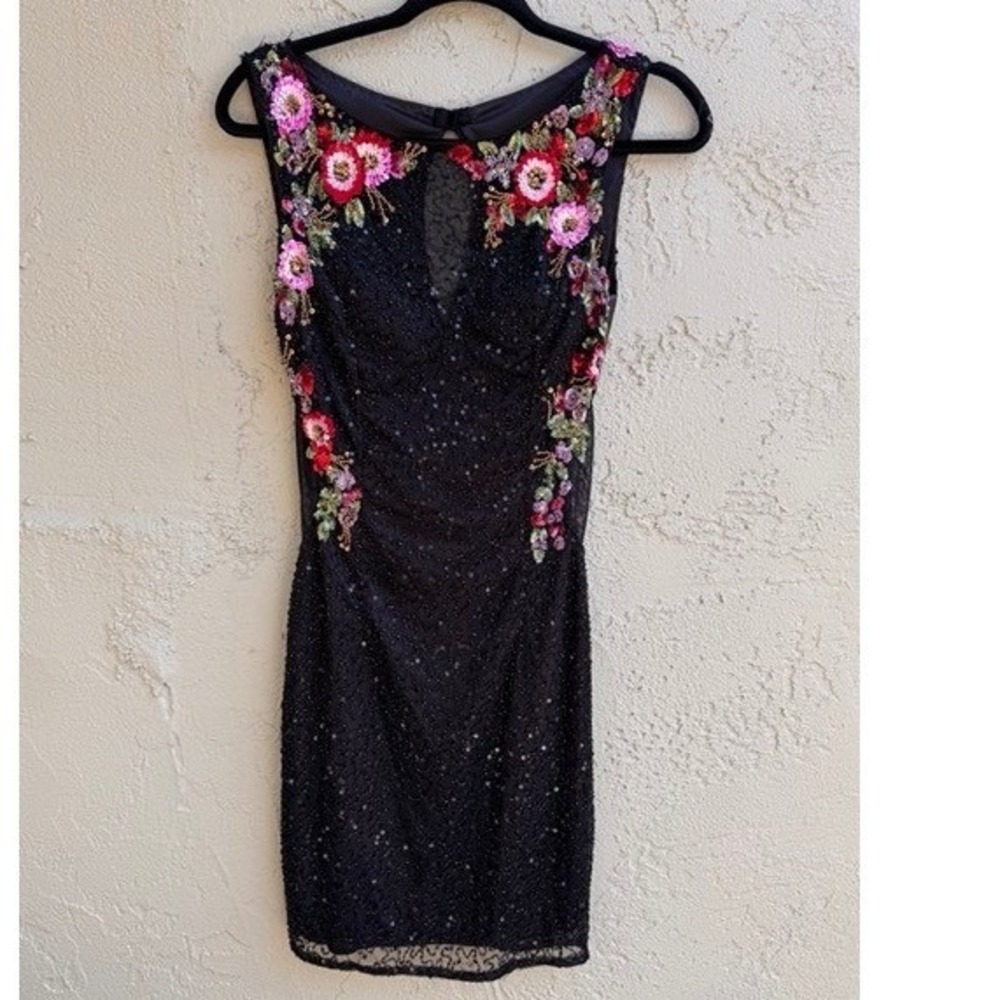 Primavera Couture NEW Black Floral Sequin Beaded Mini Dress SZ 2 Formal Glam - Picture 3 of 11